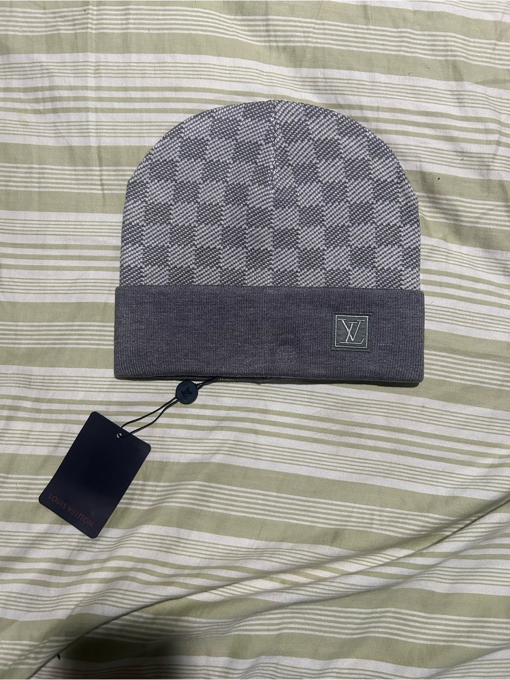 Louis Vuitton Gray Check Beanie Hat